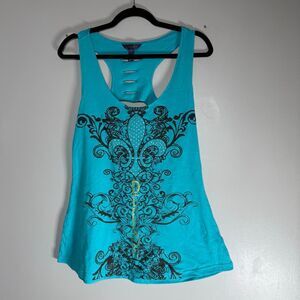 Dereon Y2K Turquoise Rhinestone Fleur-De-Lis Racerback Tank Cutout Tie-Back Top